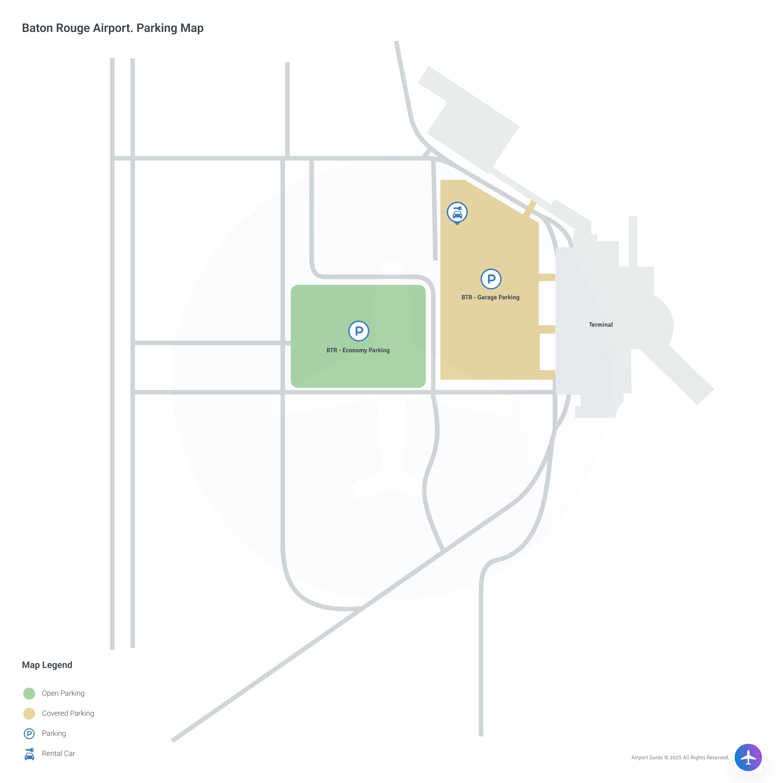 Baton Rouge Metropolitan Airport-Ryan Field (BTR) Parking Map