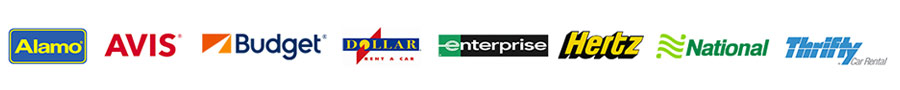 Car rental company logos: Alamo, Avis, Budget, Dollar, Enterprise, Hertz, National, and Thrifty
